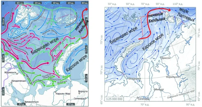 Течение Келдыша на картах Баренцева и Карского морей.